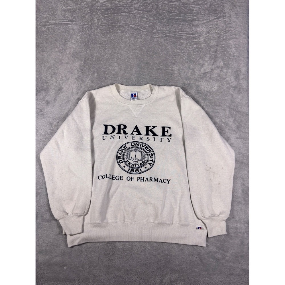 Russell Athletic Drake University Sweatshirt Mens L White Long Sleeve 90s